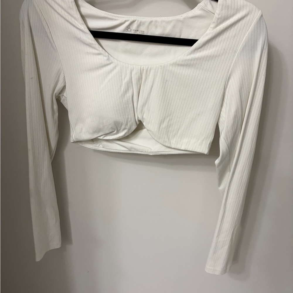 Aerie White Ribbed Long Sleeve Crop Top